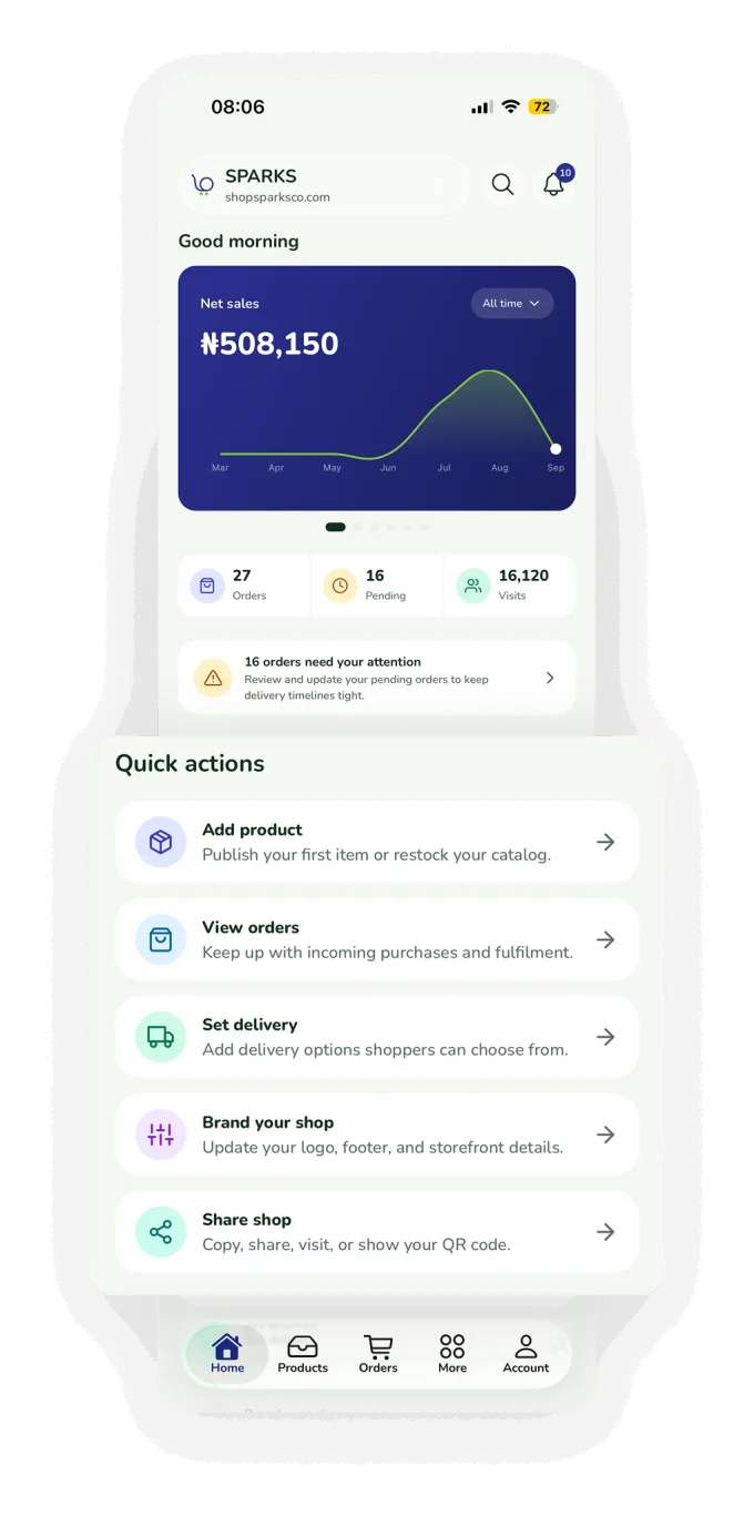 The Lotaja mobile app home screen showing net sales, orders and quick actions