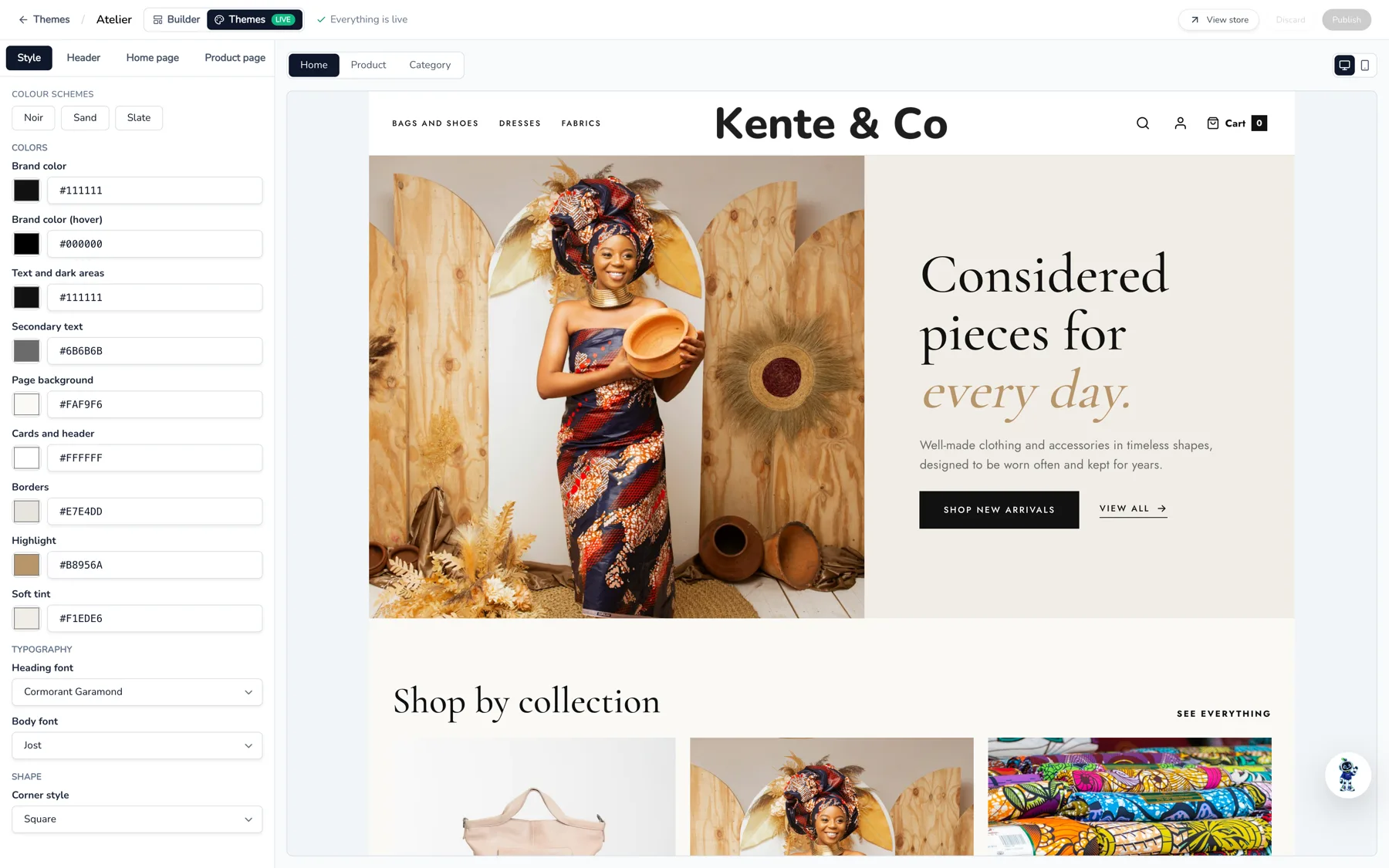 The Lotaja theme editor with a live preview of a fashion storefront on the Atelier theme