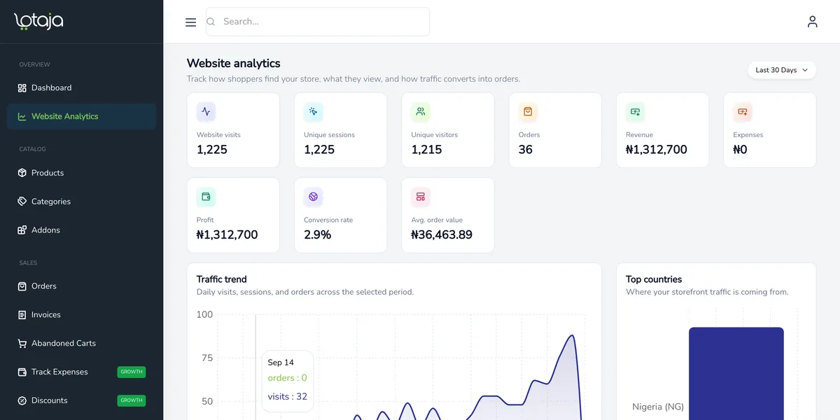 The Lotaja website analytics screen showing visits, orders and revenue for a sample store