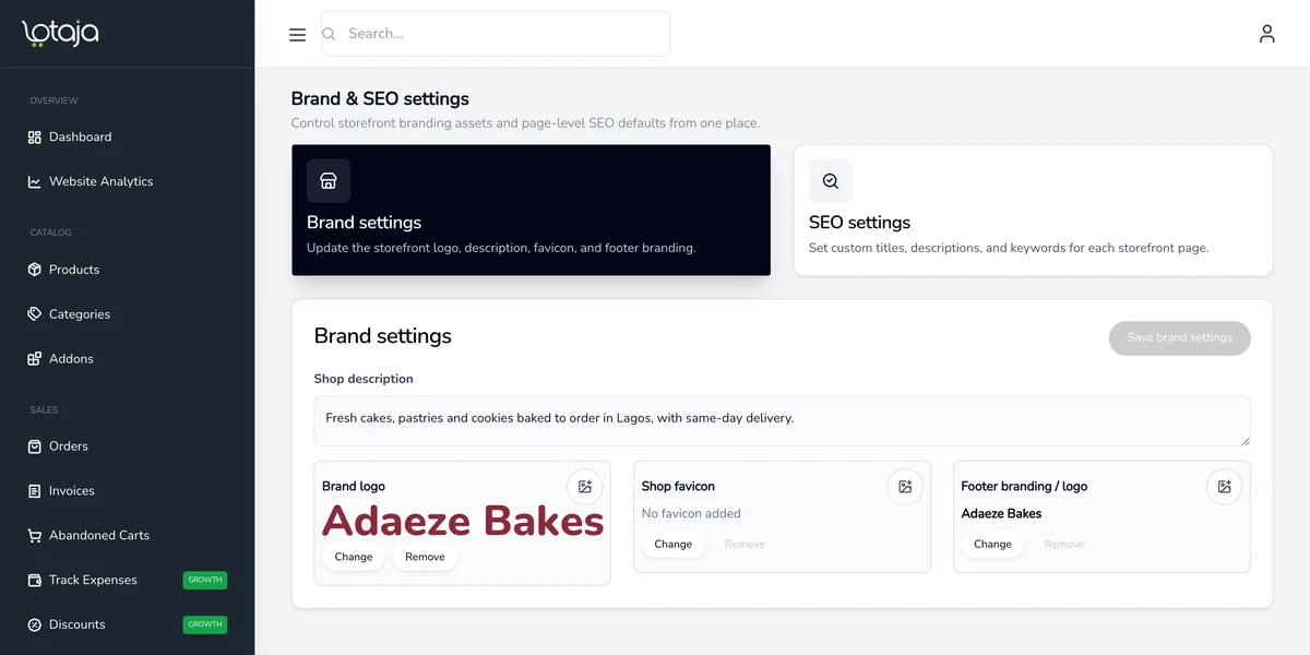 The Lotaja brand and SEO settings screen for a sample store