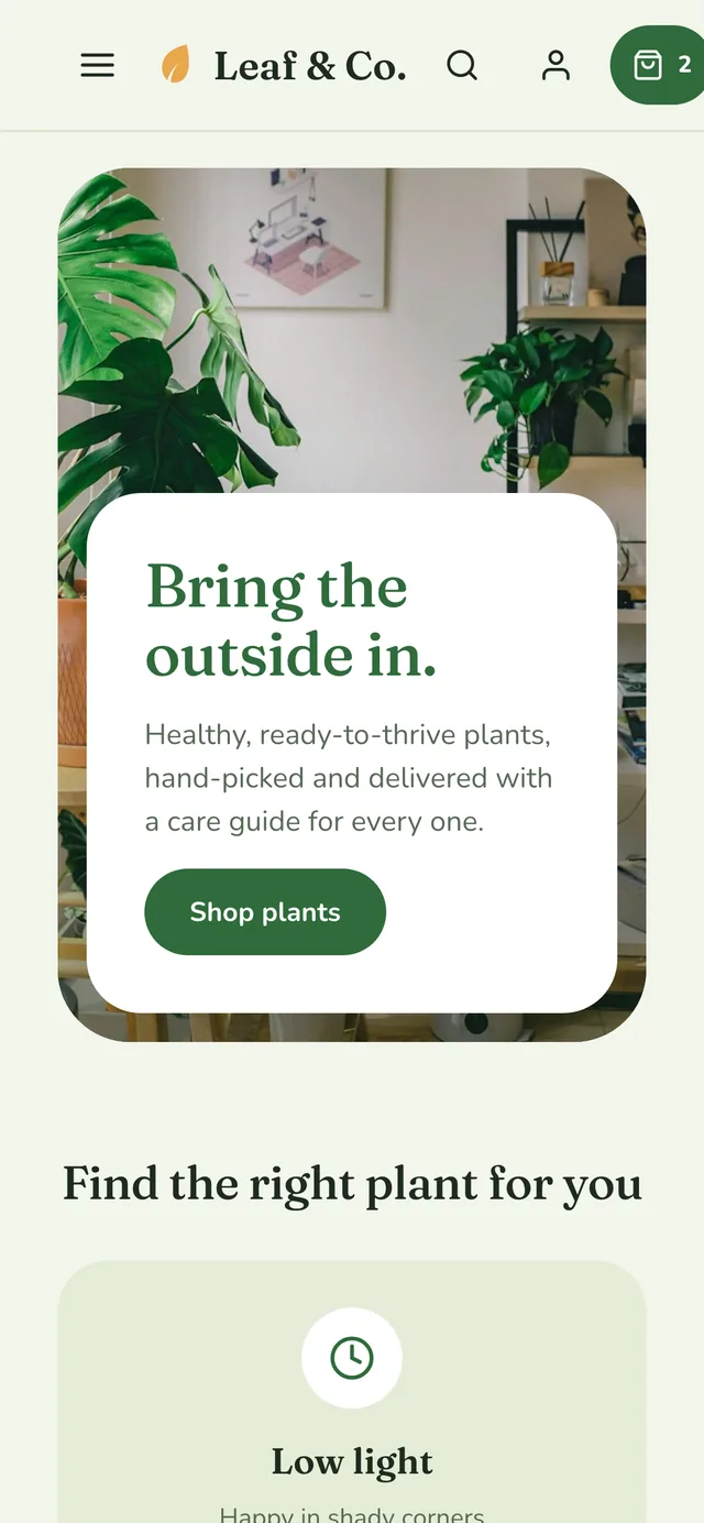 The Fern theme, an example plant store on a phone