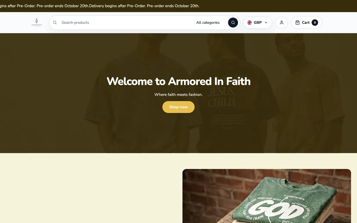 Screenshot of the Armored in Faith online store, which sells faith-inspired clothing