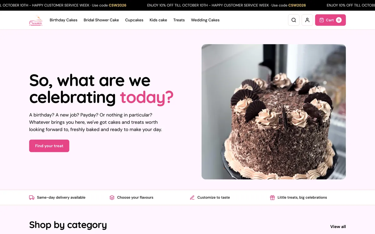 Screenshot of the Creamix Cakes online store, which sells cakes and treats
