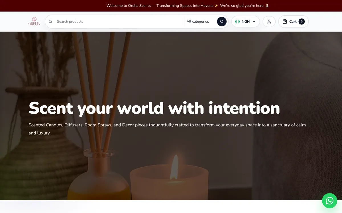 Screenshot of the Orelia Scents online store, which sells home fragrance